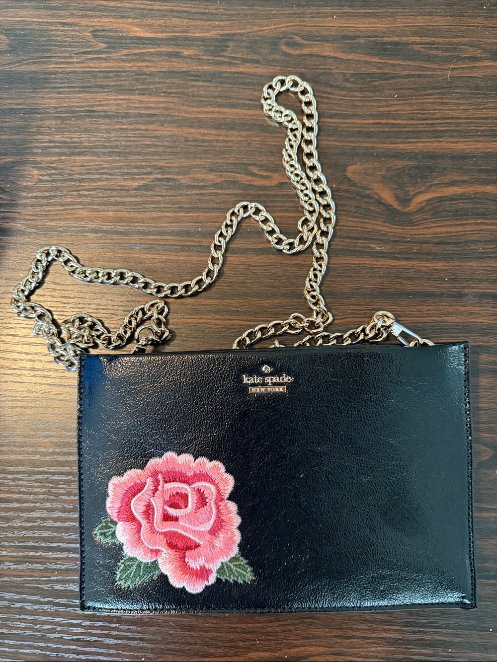kate spade black patent leather crossbody with pink floral embroidery